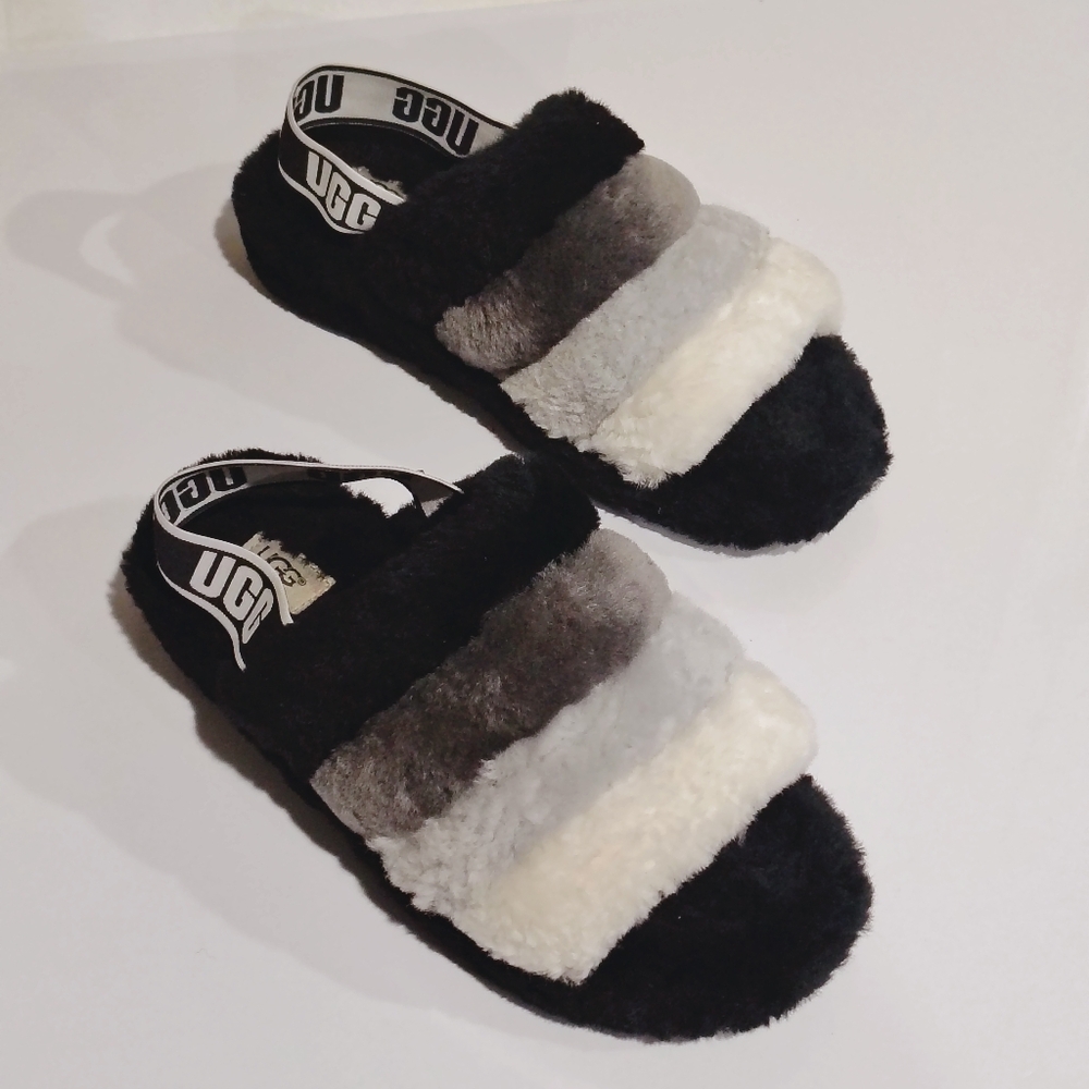 NWNB UGG Fluff Slide Sandals in Black, Gray & White Size 9